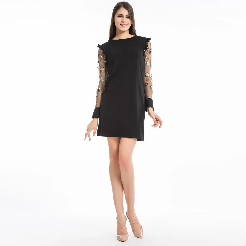 Lerfey женщины dress casual лоскутное сетка с длинным рукавом мини блесток звезда for lady