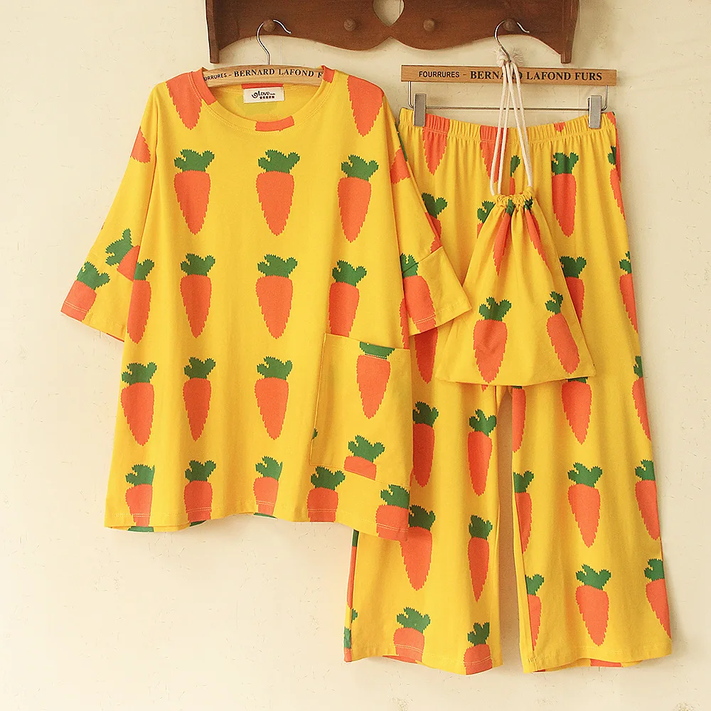 Pjamas for women radish print cotton 2 pieces pajamas set plus size short sleeve pants summer female sleepwear casual home suit