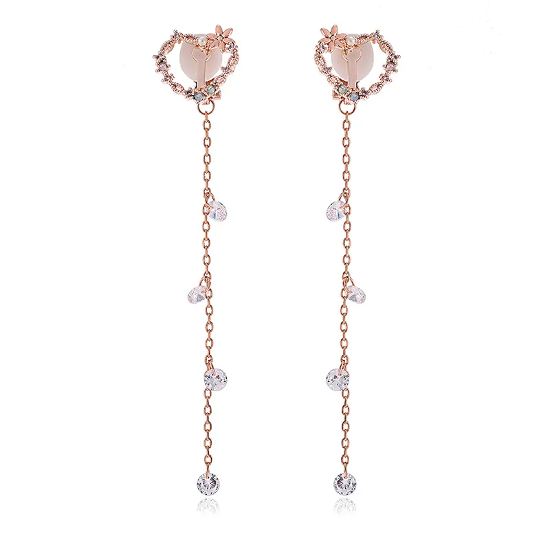 

JIOFREE Korean Sweet Pink Heart Clip On Earings Cubic zirconia Long Non Pierced Earring brincos pendientes Wholesale Jewelry
