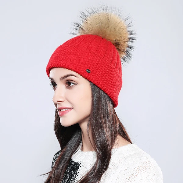 Женские зимние шапки однотонные осень зима настоящий помпон из меха енота Skullies Beanies хлопок шерсть теплая вязаная шапка# MZ750 - Цвет: Красный