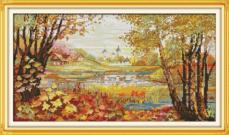 

New Needlework DIY Cross stitch,Sets For Embroidery kits,Beautiful View of lake tree pattern Cross-Stitch painting decoration
