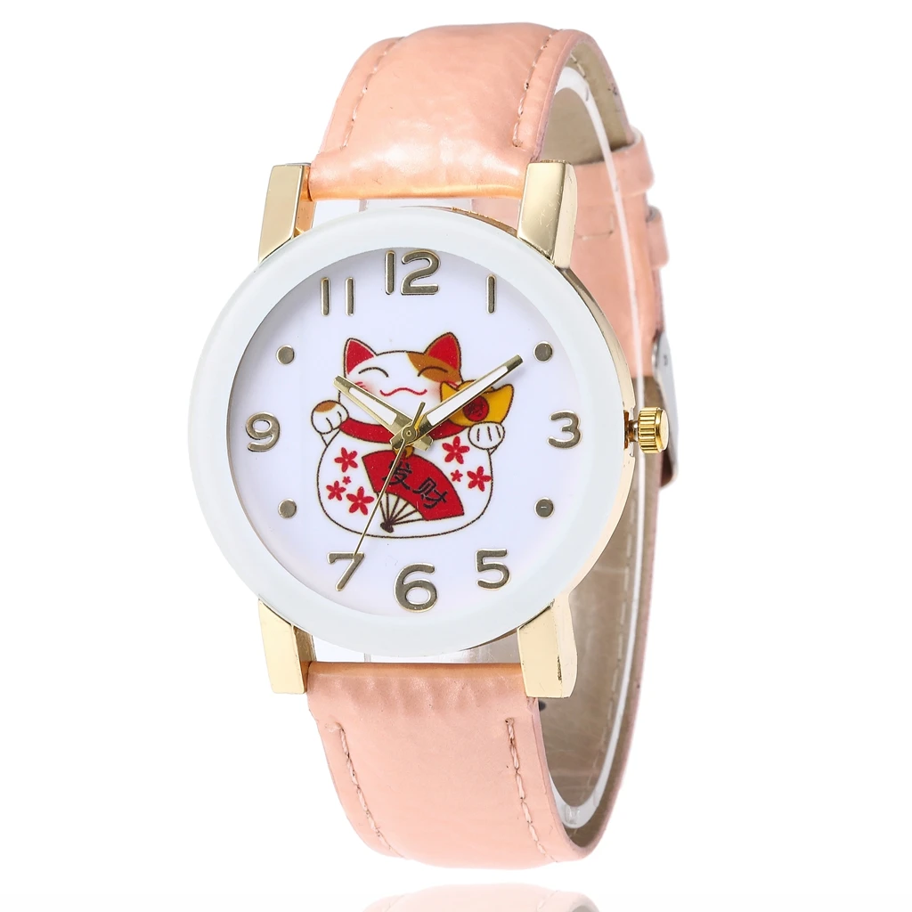 Розовый Chinese Style Women Watches Cute Cartoon Lucky Cat Pattern Leather Strap Wrist Watches for Women Quartz Watch Relojes Para Mujer - Цвет: Розовый