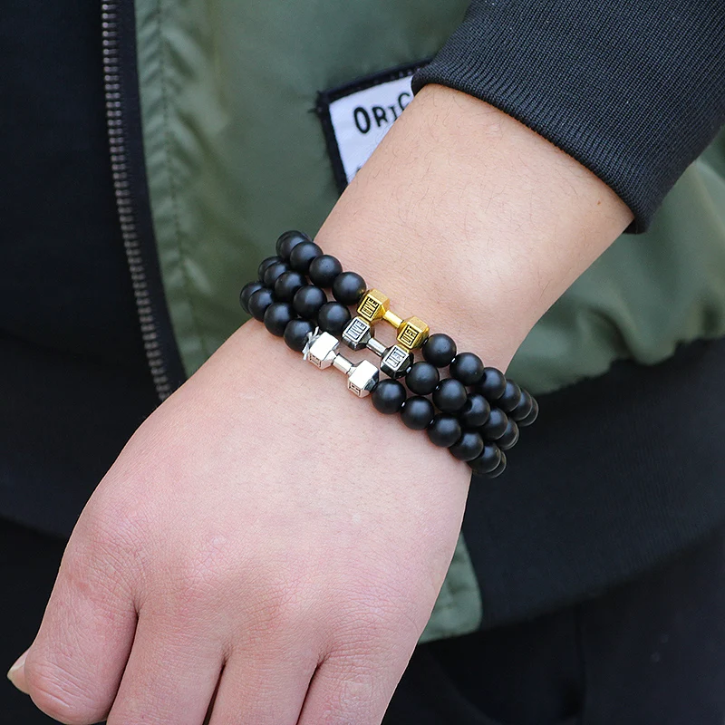 National Wind Black Matte Stone Beads Fit Life Dumbbell Bracelets Fitness Alloy Metal Barbell &amp Gym Bracelet | Украшения и