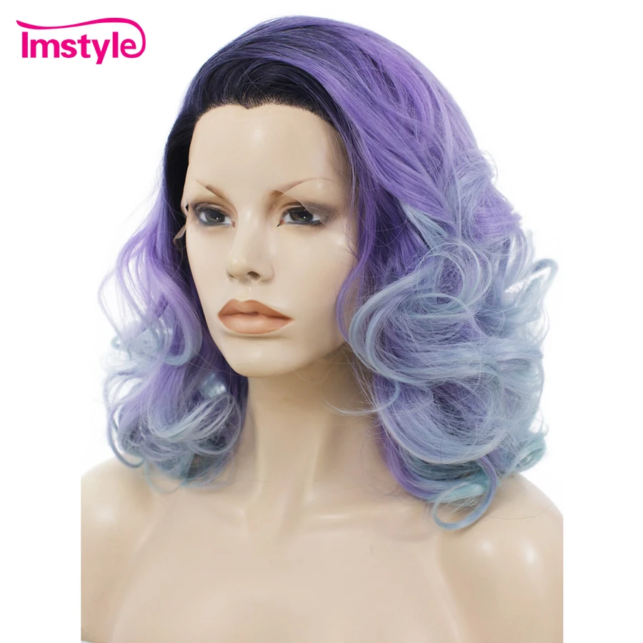Imstyle волнистые Омбре фиолетовый синий зеленый цвет 16 дюймов Синтетические волосы