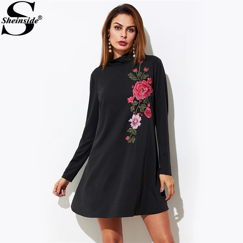 Sheinside вышитый цветок патч Свинг Футболка Платье Черный Высокий воротник с длинным рукавом трапециевидной формы простые платья Осенние повседневные платья