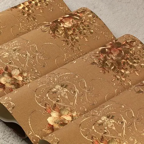 Европейские Роскошные 3D обои с цветочным фоном тисненые из золотой фольги рулон