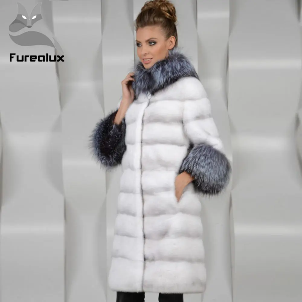 Женское пальто с воротником из меха лисы Furealux натурального норки стойкой и