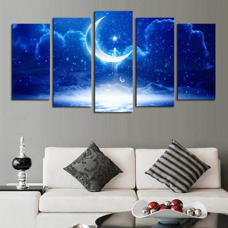 Poster 5 Panels Modern Decorative Picture Wall Pictures for Living Room Moon Starry blue night Sky | Дом и сад