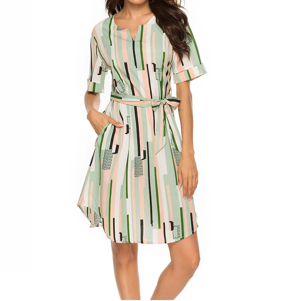 

One-Piece Woman Dress 2019 New Fashion Tibetan Mid-Long Style Belt Dress Woman Printed Striped Irregular Short Vestidos Dress