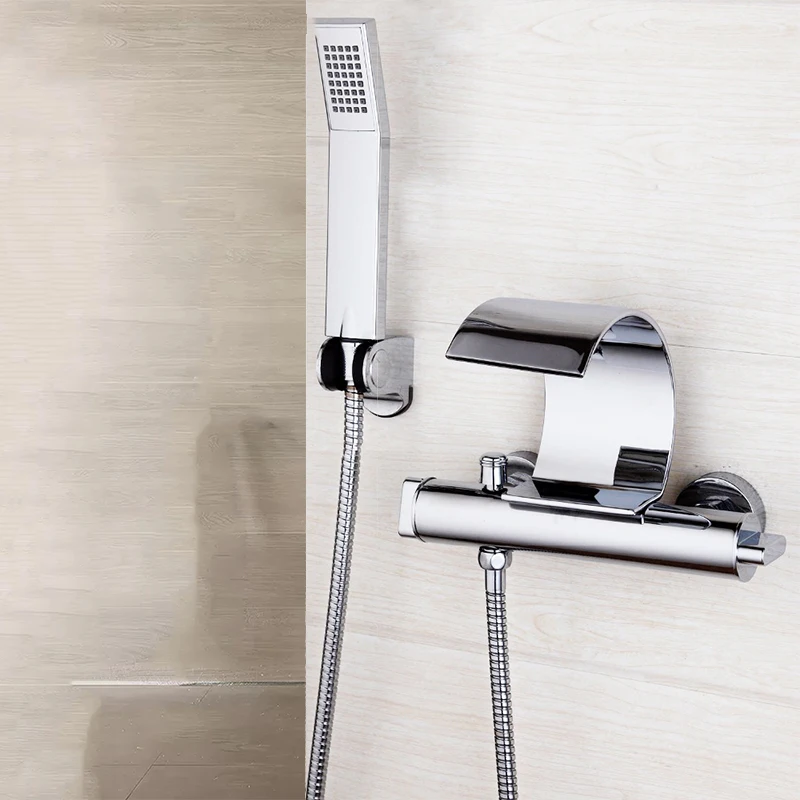 

Bathroom Bathtub Wall Mounted Chrome Polished Solid Brass Waterfall Spout Dual Control hand Sprayer Shower Faucet Sets