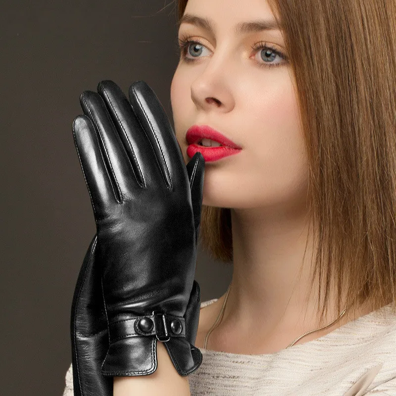 Women Touch Screen Genuine Leather Gloves Ladies Winter Warm Plus Velvet Thickened Mittens Female Casual Fashion Hand Muff H3221
