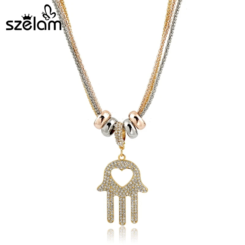 

Szelam 2019 Fatima Hand Pendant Necklace Classic Gold Color Women Necklaces Pendants Hamsa Hand Jewelry For Woman SNE160006