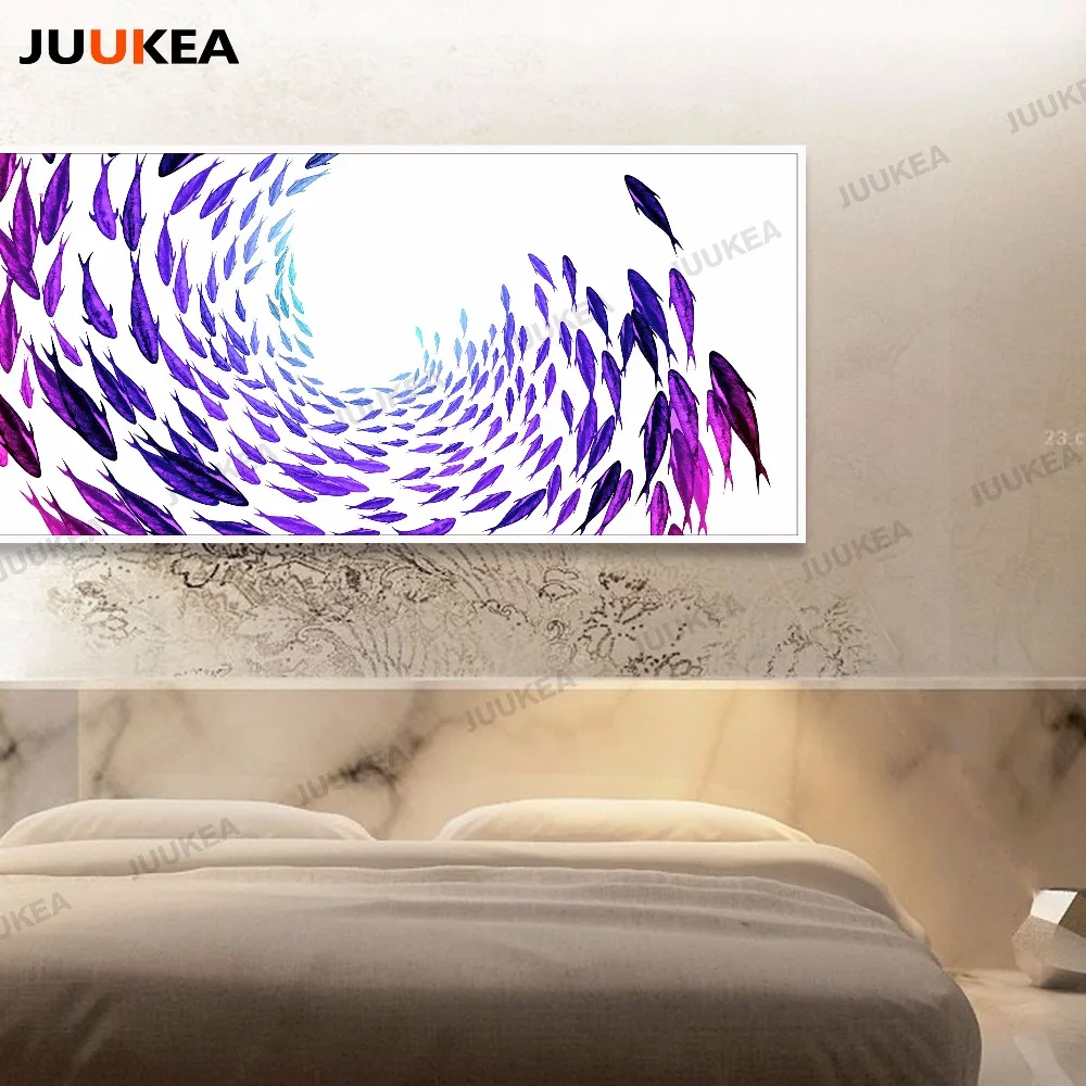 Современные северных фиолетовый косяки рыбы Печать холст живопись Домашний