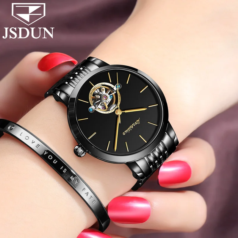 

JSDUN Fashion Women Tourbillon Watch Ladies Automatic Mechanical Black Wristwatch Stainless Steel Female Clock relogio feminino