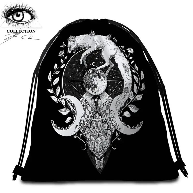 Black DoubleSide Bag Волк галактика Пикси холодное искусство круглое пляжное полотенце луна ребенок гобелен лиса животное Toalla одеяло планета банное полотенце 150 см Коврик для йоги - Цвет: Black DoubleSide Bag