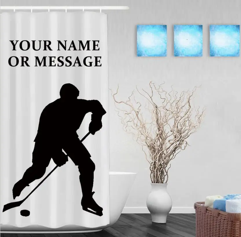 Пользовательские текст печать занавески для душа хоккеиста силуэт печати ванная