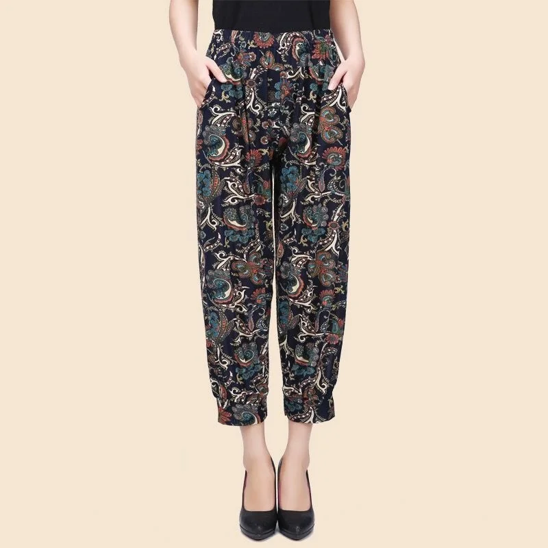 pants 4 Женская одежда, женские брюки, брюки длиной до щиколотки, с принтом, эластичные брюки с эластичной резинкой на талии, европейские летние тонкие брюки, женские Капри - Цвет: pants 4