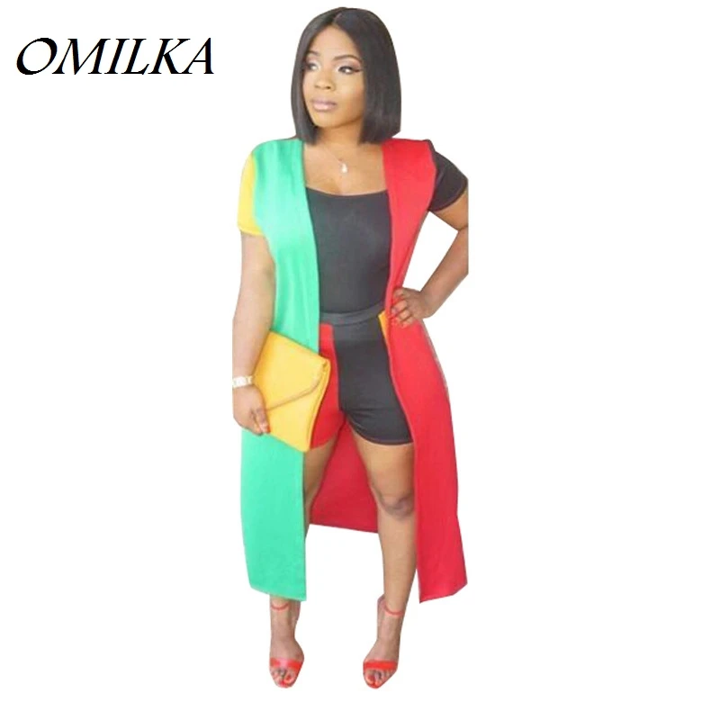 

OMILKA 2018 Summer Women Sleeveless Cardigan Trench Coat and Short 2 Piece Set Sexy Patchwork Contrast Color Street Clothing Set