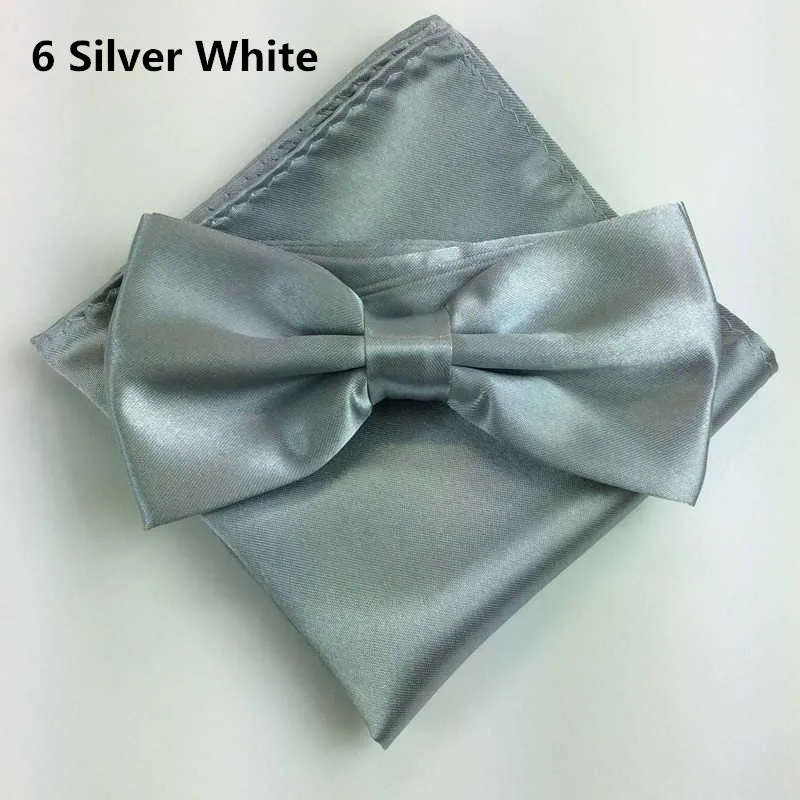 6 Silver White Галстук из шелкового атласа смокинг галстуки-бабочки и Pocket Square Set для мужские Для женщин Леди Твердые Цвет костюм с бантом Костюмы аксессуары ZY186118 - Цвет: 6 Silver White