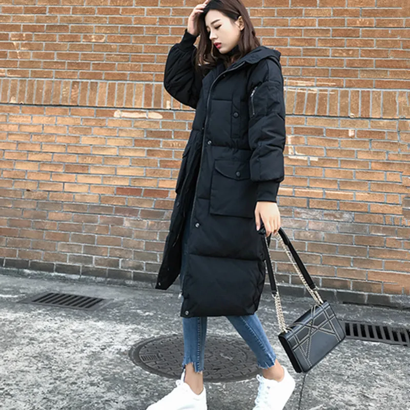 2018 зимние сапоги-ботфорты Длинная черная куртка с коттоновой подкладкой простые