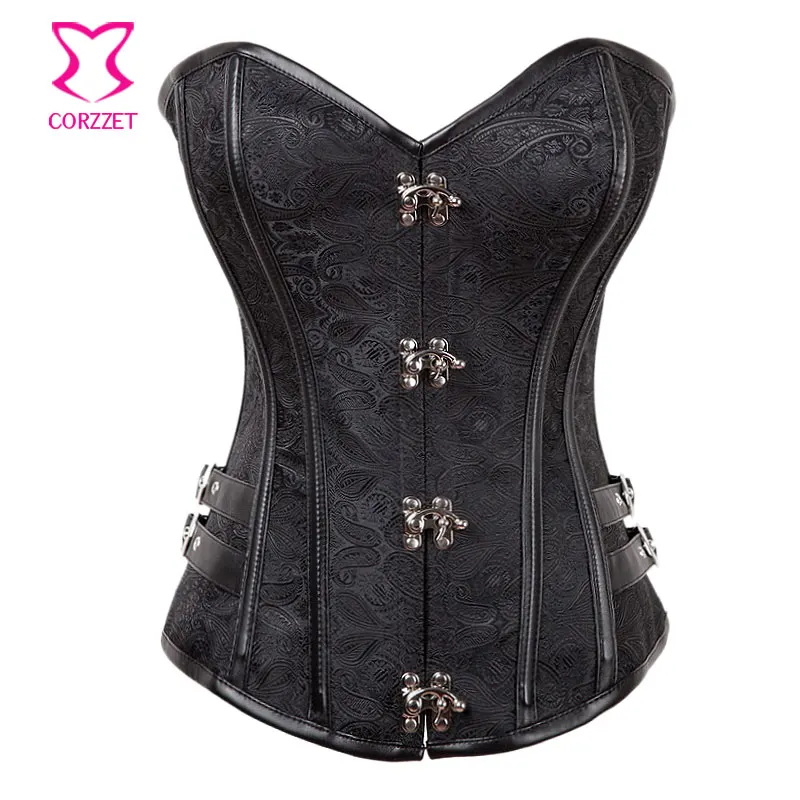Black Paisley Brocade Gothic Corset Steel Bone Steampunk Corsets and Bustiers Corselet Overbust Corpetes E Espartilhos Sexy