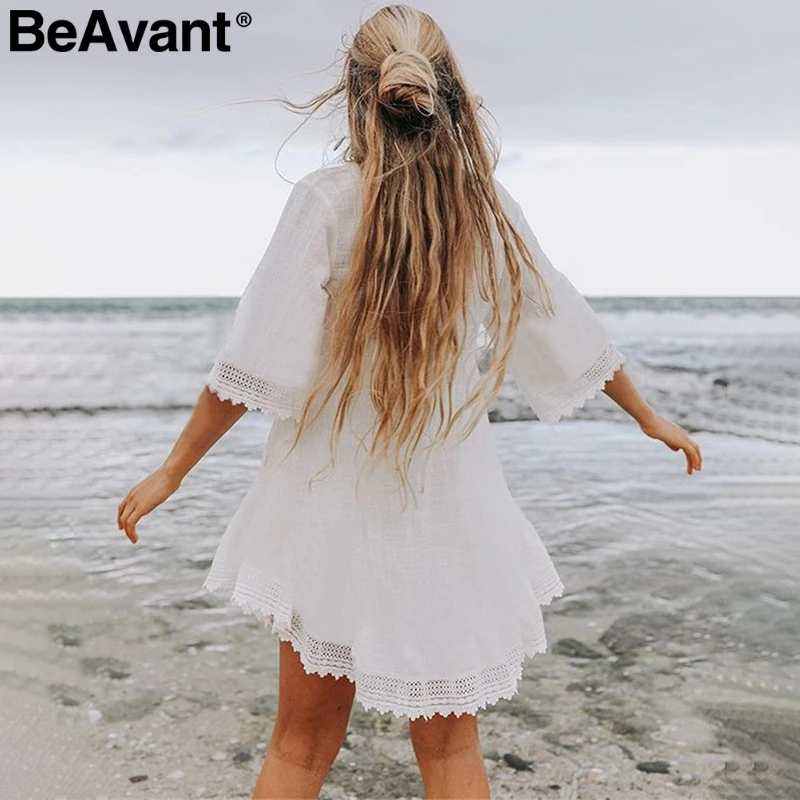 BeAvant богемное хлопковое белое платье женское 2019 v образный вырез зашнуровать
