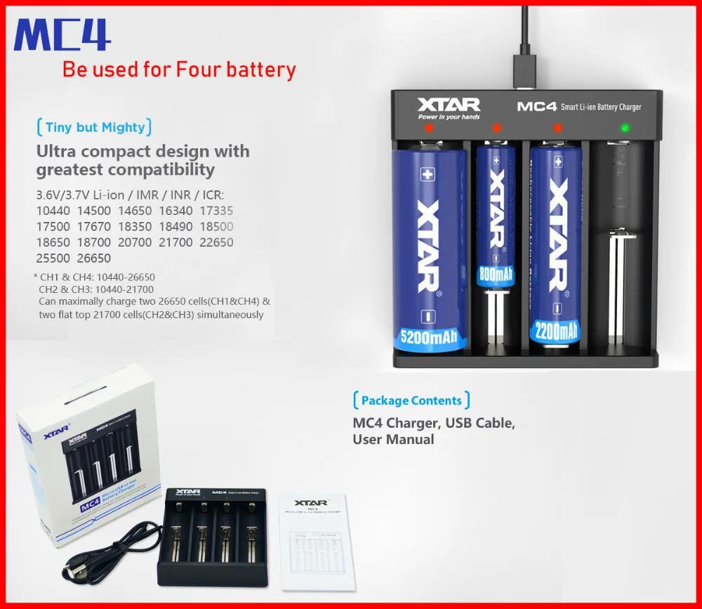 XTAR MC серии MC1 MC2 MC2 плюс MC4 MC6 MC6II Зарядное устройство USB кабель портативный аккумулятор Зарядное устройство для 10440 14500 18650 26650