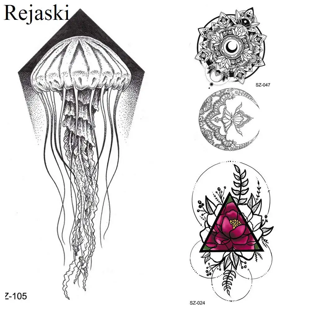 

Rejaski Little Black Sketch Jellyfish Tattoo Kid Arm Stickers Girls Geometric Floral Temporary Tattoo Women Body Neck Fake Tatto