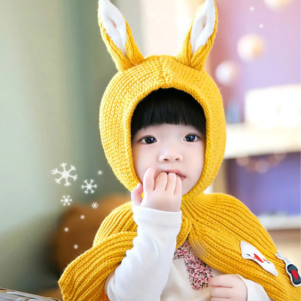 Baby Pompon Winter Hat Cute Rabbit Ears Kids Hats Keep Warm Set Scarf Shawl cap | Детская одежда и обувь