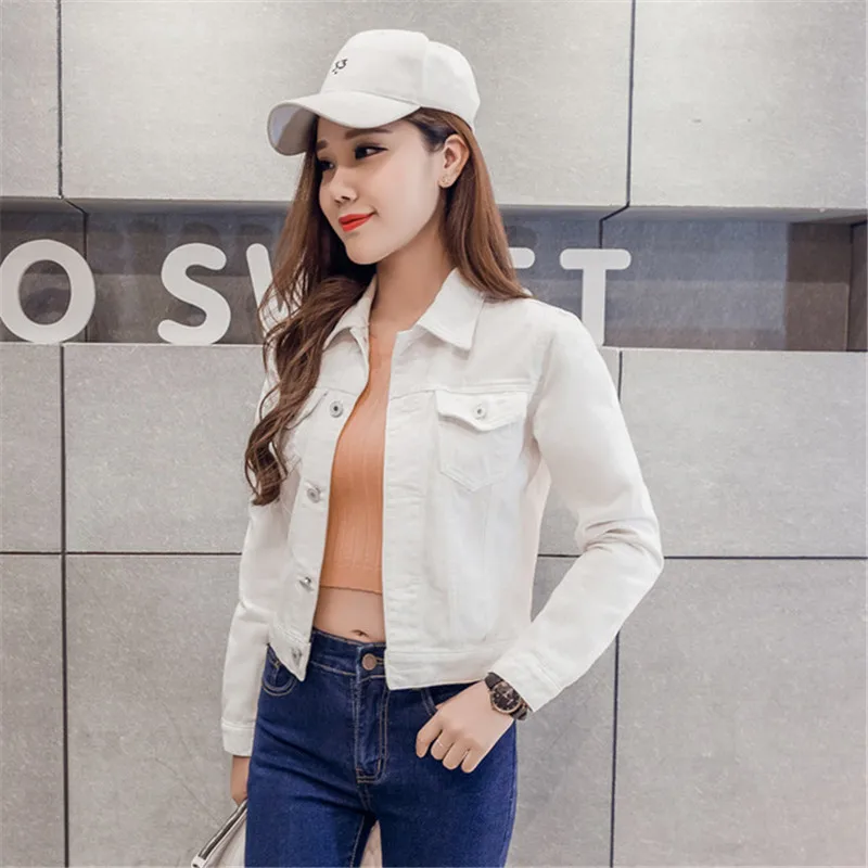 2019 New Spring Autumn Women Denim Jacket Slim Candy Color Jean Coat Students Long Sleeve Basic White Outerwear Short Tops SE438 | Женская