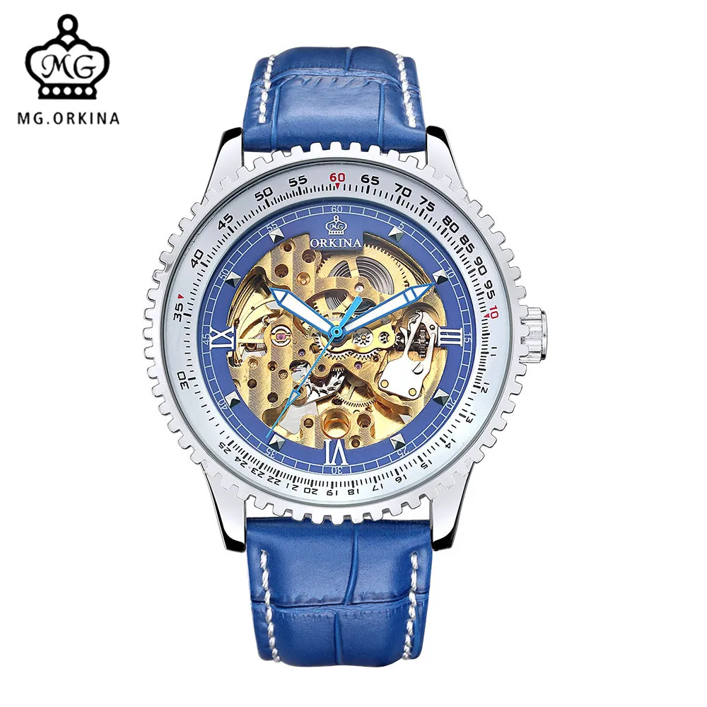 

MG.ORKINA Relojes Hombre 2016 Leather Strap Blue Dial Automatic Mechanical Skeleton Mens Wristwatch Relogio
