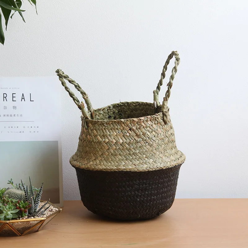 Seagrass живота корзина для хранения ручной работы соломенный Органайзер горшок половина черный садовый декоративный цветочный горшок детские горшки ручка мешок - Цвет: picture color