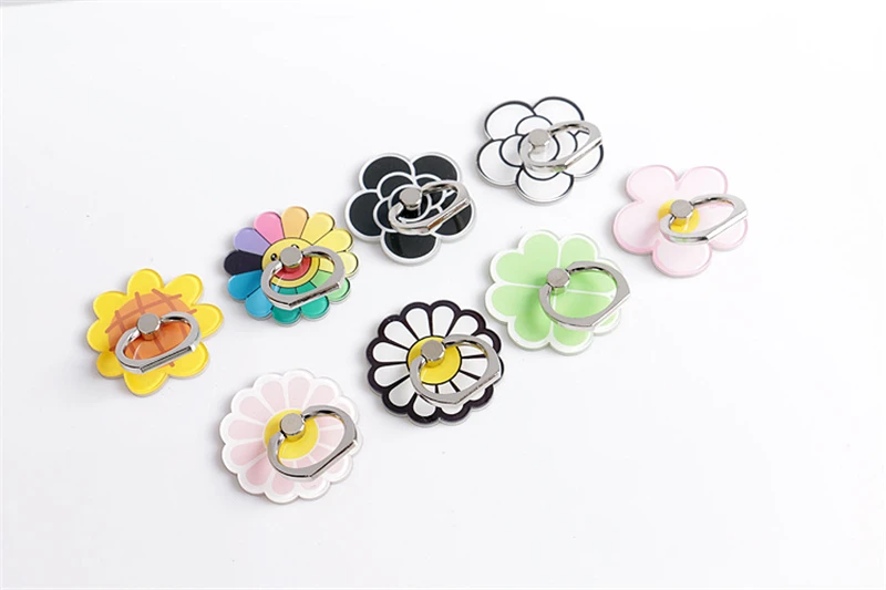 360 degree crystal ring buckle mobile phone holder cartoon small fresh flower adhesive tape metal ring For iphone iPod