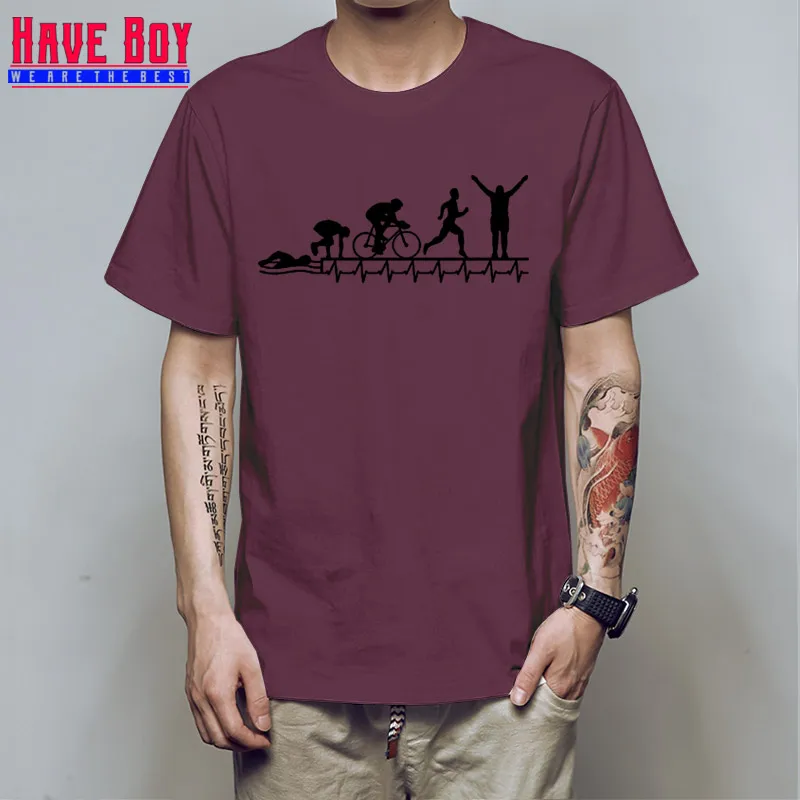 HAVE BOY Triathlon Ironman футболка для мужчин Триатлон сердцебиение Эволюция футболка для мужчин наряд Графический Мужской HB541 - Цвет: maroon black