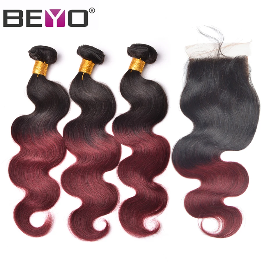 Beyo перуанские пучки волос объемная волна Омбре человеческие волосы с закрытием 1B