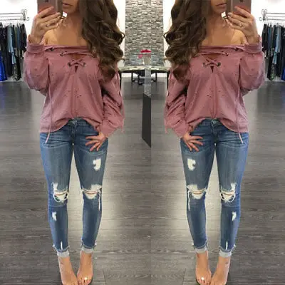 Женские футболки с длинным рукавом и открытыми плечами 2017 Осенняя новая футболка