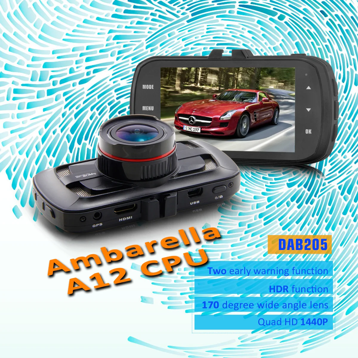 Car DVR DAB205 Ambarella A12 Chip Full HD 2560*1440p 3.0inch Screen Video Recorder Dash Cam GPS Logger G-sensor Camera 8266 | Автомобили и