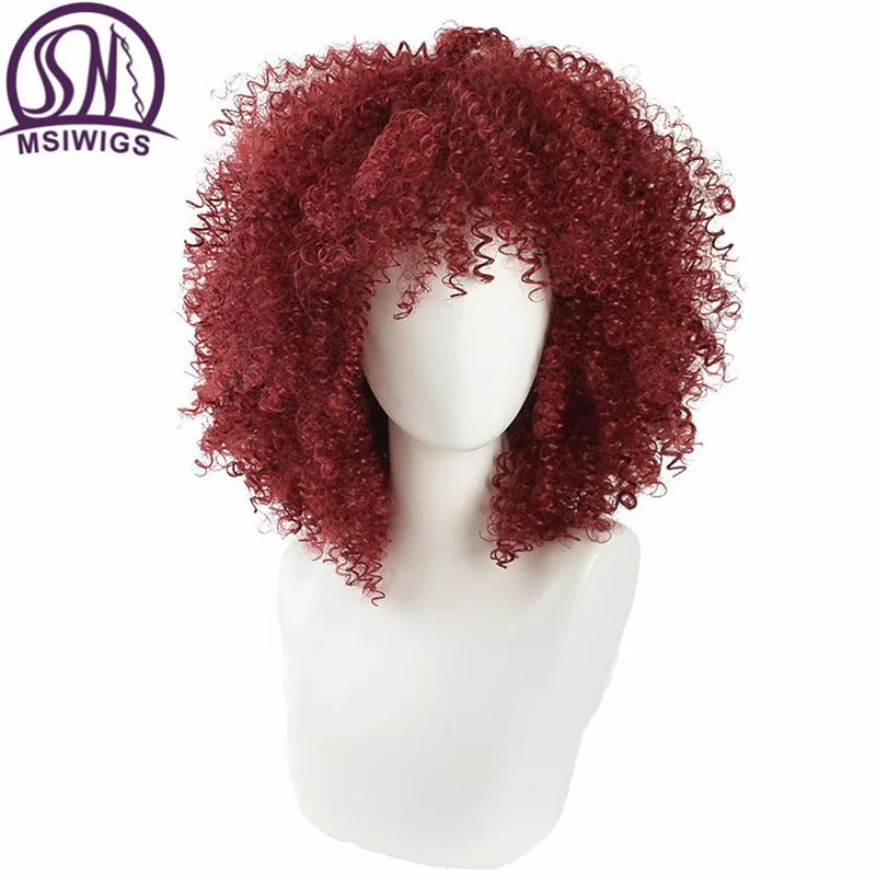 

MSIWIGS Red Curly Synthetic Wigs for Black Women American African Short Afro Wig Cosplay Heat Resistant