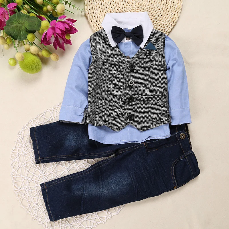 children boys fashion gentleman suits 3pcs turndown collar shirt+jeans+vest outwear clothing set for kids boy high quality | Детская