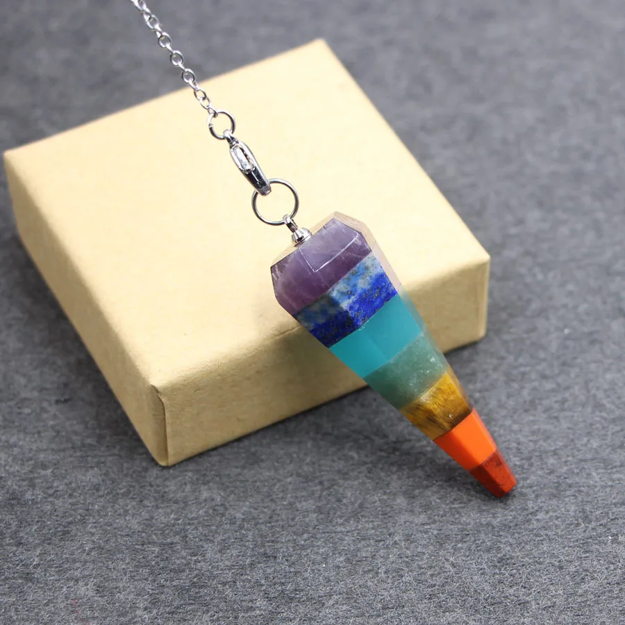 Natural crystal energy stone colorful chakra cone spirit swing sweater chain necklace men and women pendant hypnosis props | Украшения и