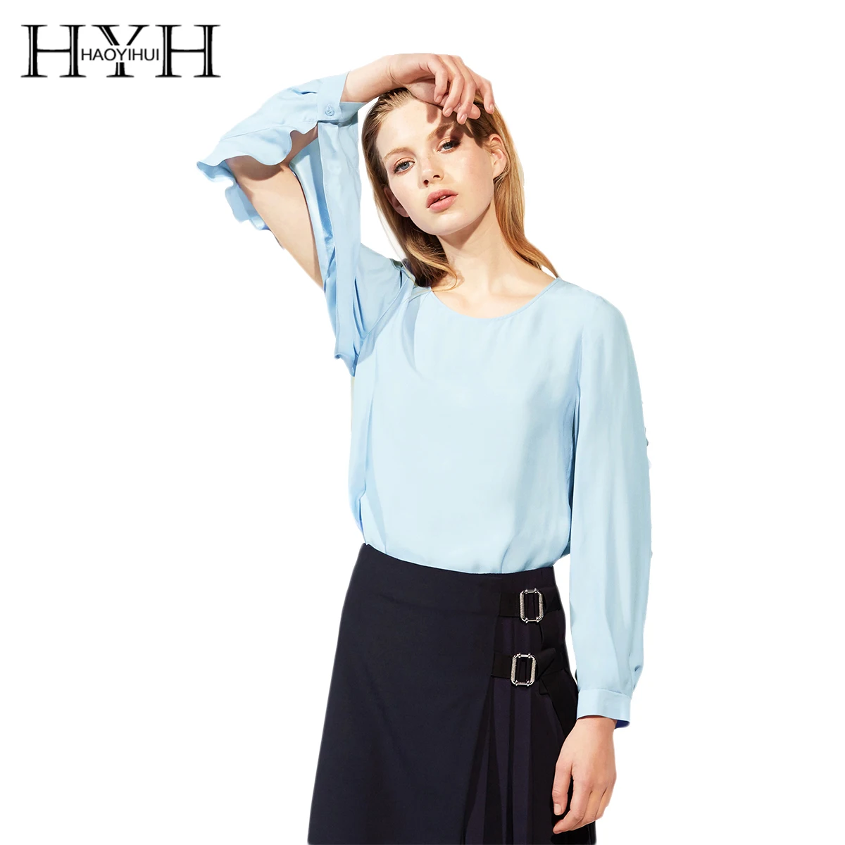 HYH HAOYIHUI Новые Модные осенние одноцветные блузки с круглым вырезом простые