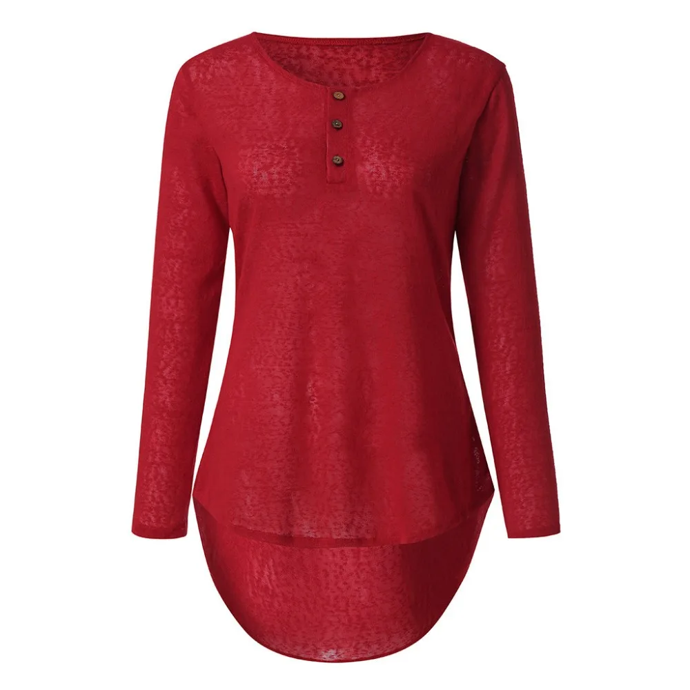Hot Sale Women Spring Autumn Casual Design Buttons Long Sleeve T-Shirt New Fashion Solid O-neck Pullover Top Pink Female T-shirt | Женская