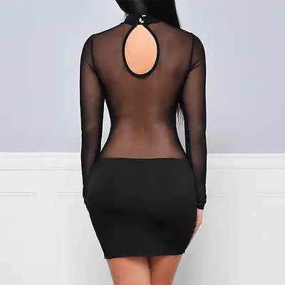 

Sexy Women Bandage Bodycon Black Mesh Patch Transparent Evening Party Club Short Mini Dress
