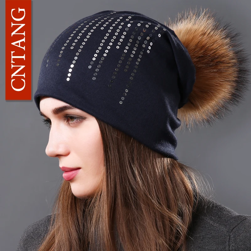 Шапка CNTANG женская с круглыми блестками Модная хлопковая бини помпоном из