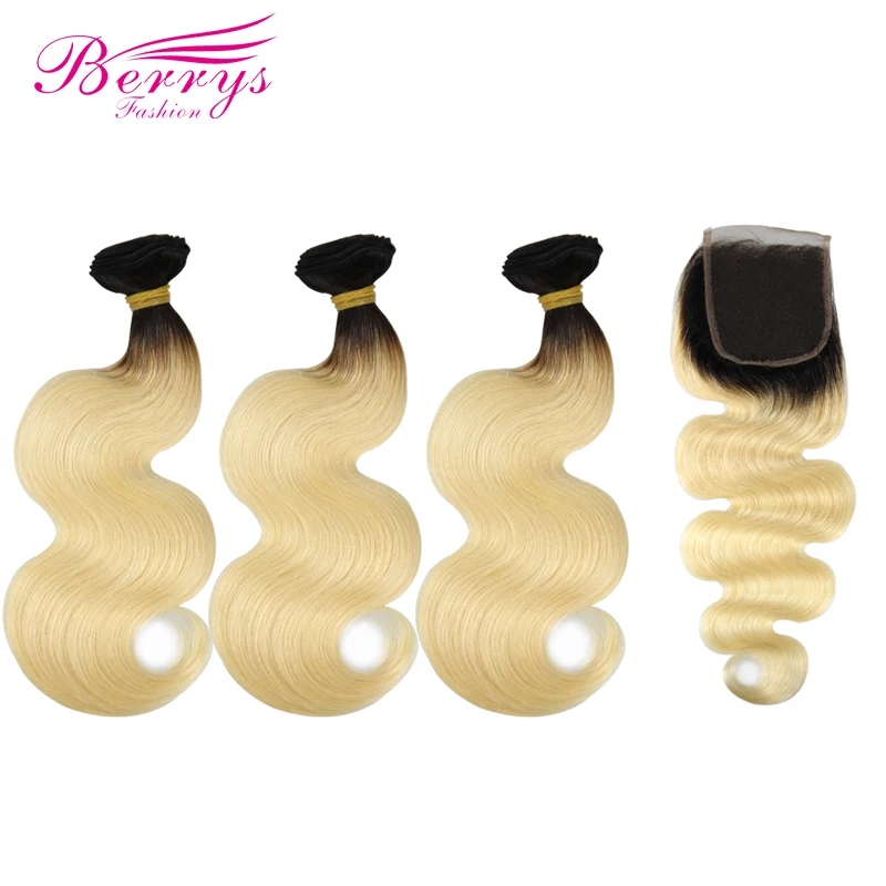 

Berrys Fashion Ombre Brazilian Body Wave 1b/613 Color 3 Bundles with Closure Prepluncked 100% Human Hair Weaving Remy Hair weft