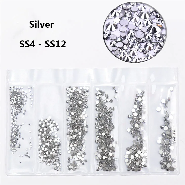 silver Мульти-размер 1700 шт стеклянные стразы украшения для ногтей swarovsky ногтей кристалл страз амулеты смешанные размеры стразы набор - Цвет: silver