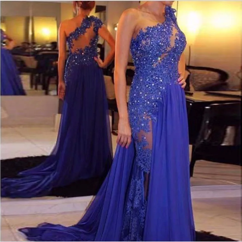 

robe de soiree Royal Blue Evening Dresses Floor Length Chiffon See Through One Shoulder Appliqued Lace Party Gown Plus Size