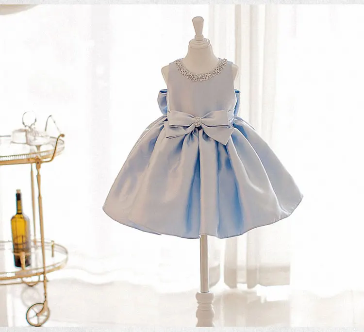 Toddler Blue Satin Baby Baptism Dress Bead Princess Infant Wedding Gown Big Bow 1 Year Girl Birthday Kids Party Wear | Детская одежда и