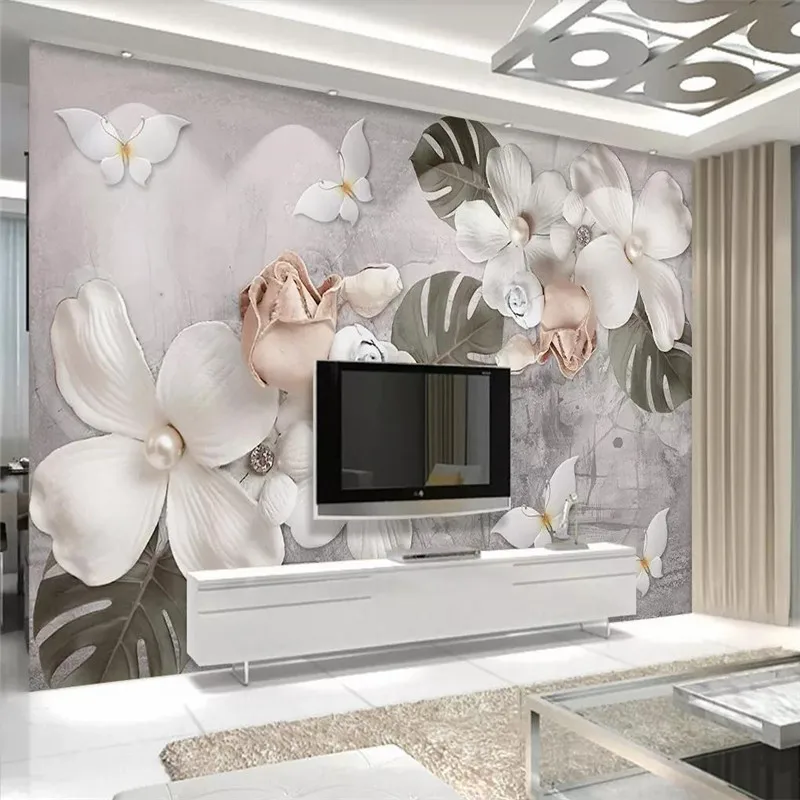 

Custom Mural Wallpaper Stereo White Pearl Flower Nordic Vintage Background Wall