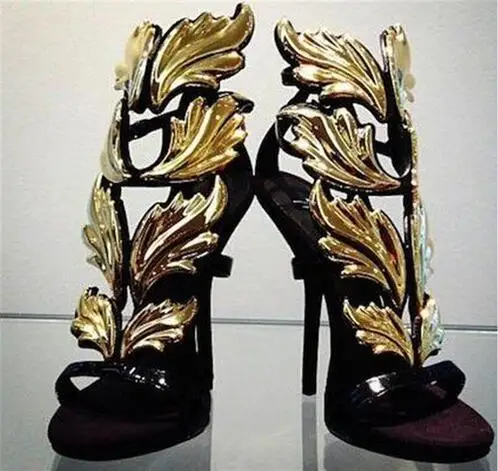 Hot sales gold floral leaves patent leather women sandals peep toe high heels cut-outs gladiator shoes Party Shoes |